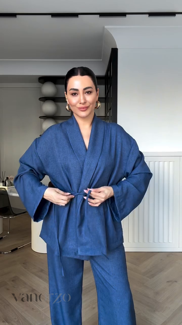 أنسومبل أنيق من اللينن |  أناقة مريحة مع لوك مثالي | كيمونو + سروال واسع