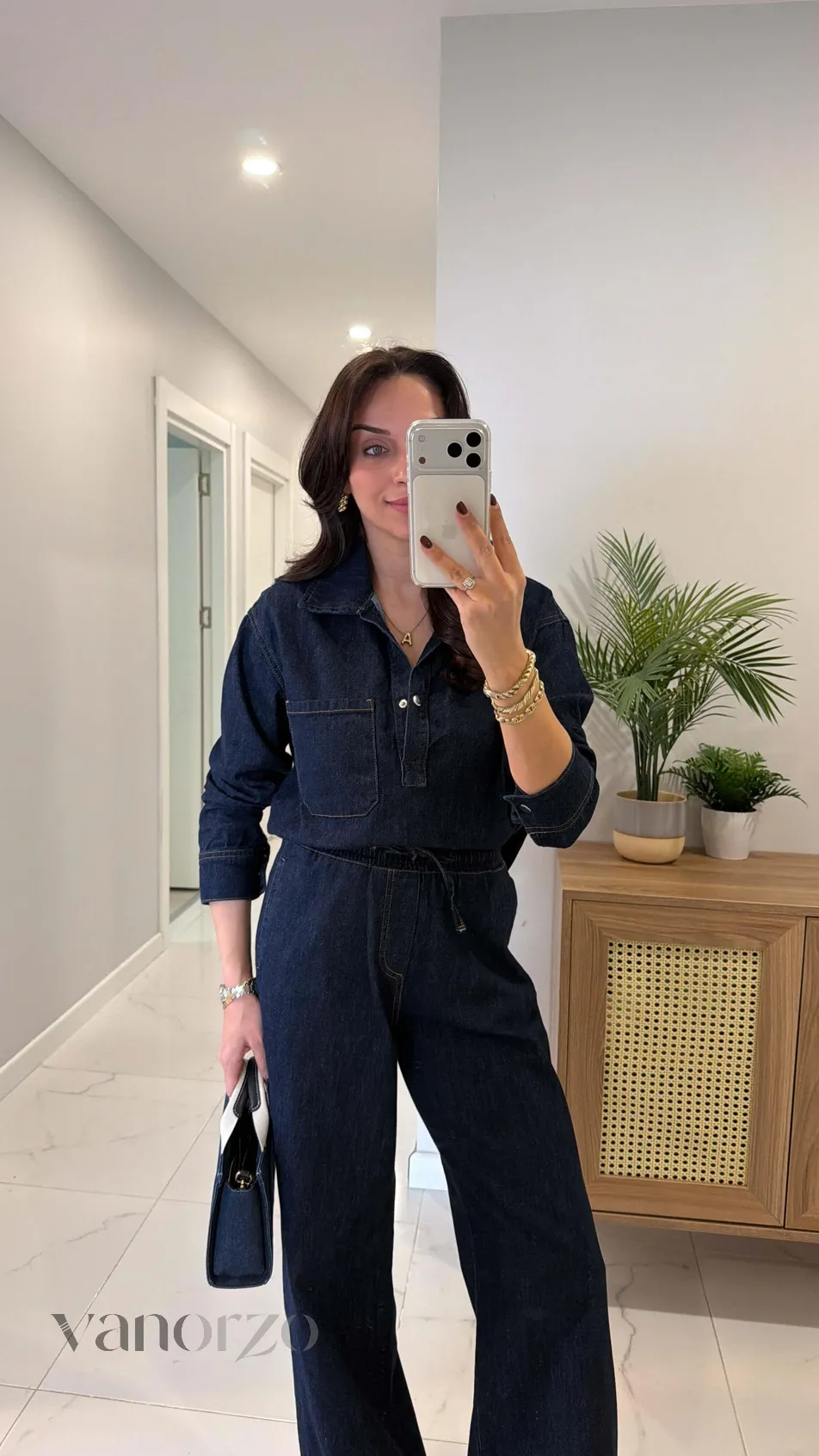 طقم جينز نسائي داكن قطعتين (تونيك بياقة وسروال واسع) | Ensemble Jean Dark Blue